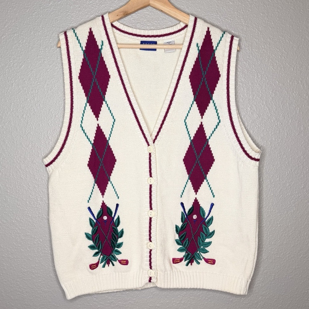 VTG Reset Sport Argyle Golf Sweater Vest Mens L Cotton Button Front Embroidered